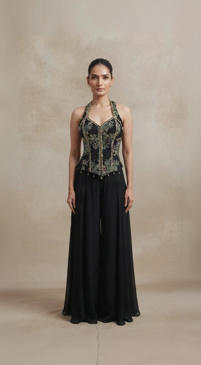 Black sequins sharara set with green embroidery and embellished top